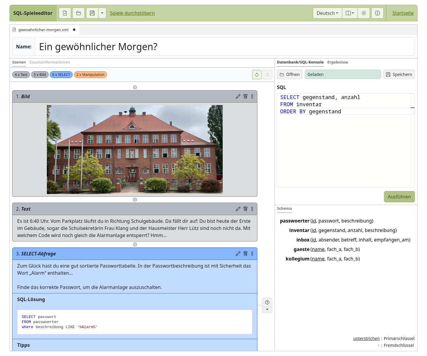 Vorschau des SQL-Spieleeditors