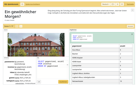 Vorschau der SQL-Spielekonsole mit geöffnetem Spiel