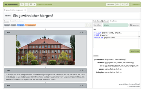 Vorschau des SQL-Spieleeditors mit Spielszenen und Datenbankschema