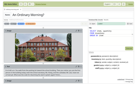 Preview of the SQL Game Editor with game scenes and a database schema