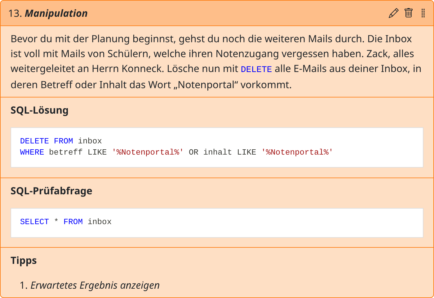 Manipulationsaufgabe mit SQL-Lösung und SQL-Prüfabfrage im SQL-Spieleeditor