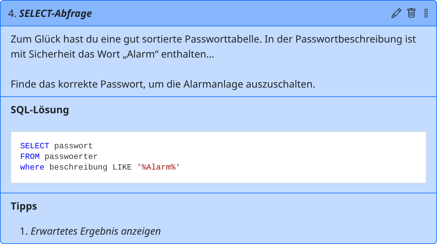 SELECT-Aufgabe mit SQL-Lösung und Ergebnistipp im SQL-Spieleeditor