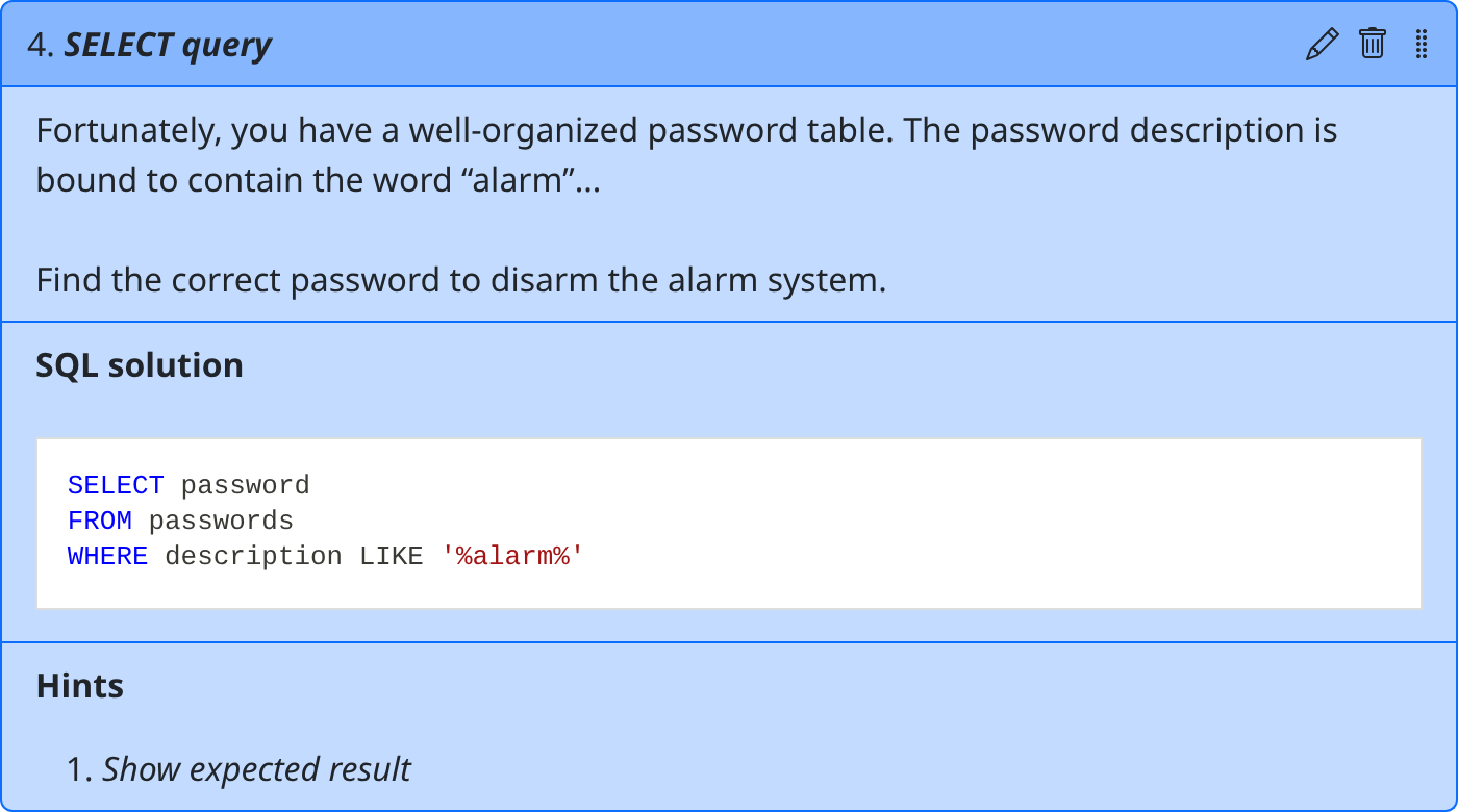 SELECT task with an SQL solution and an expected result hint in the SQL Game Editor