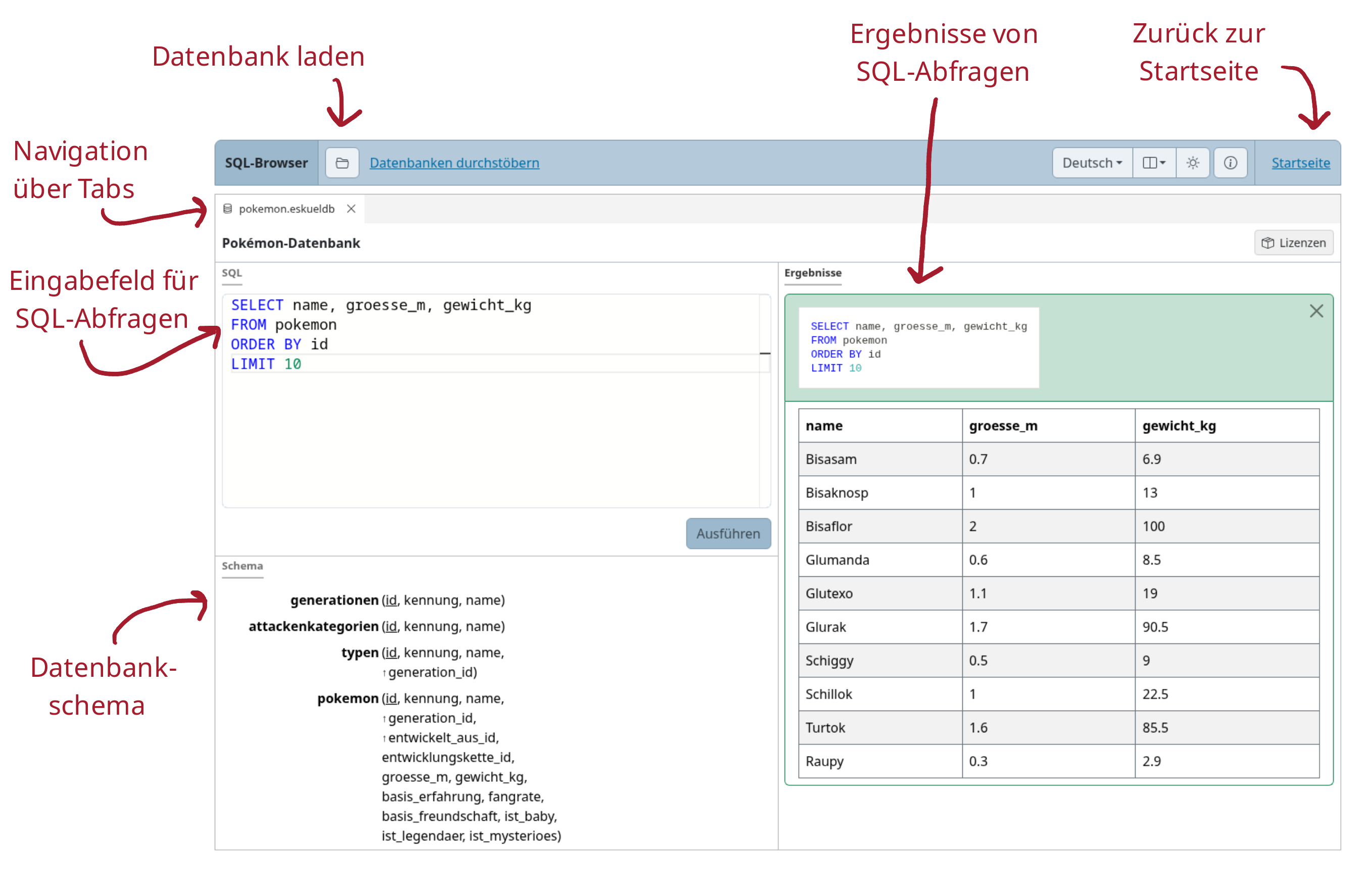 SQL-Browser mit beschrifteten Bedienelementen