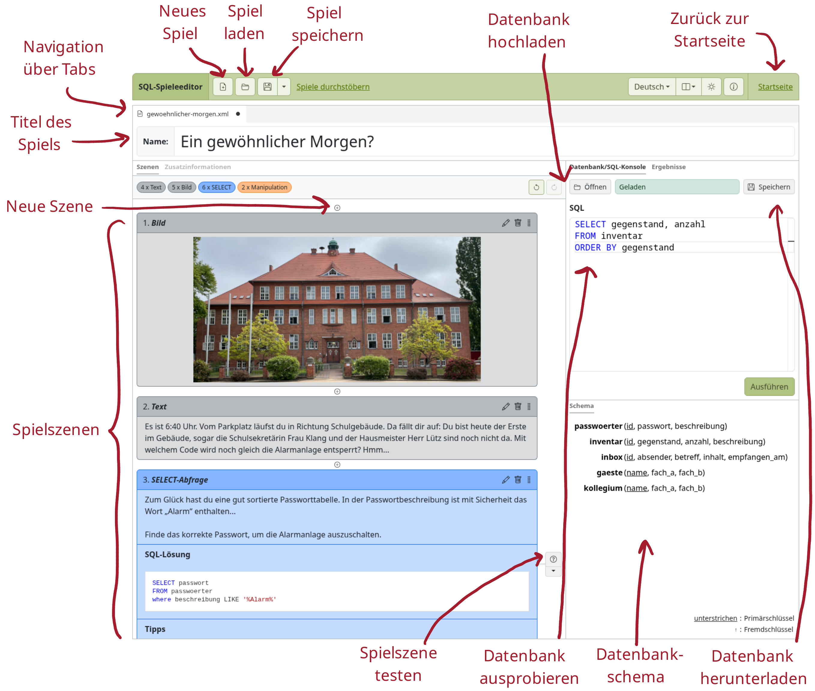 SQL-Spieleeditor mit beschrifteten Bedienelementen